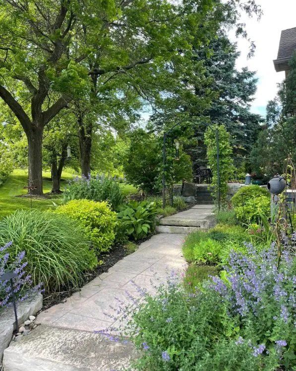 Stone walkway through a lush landscaped garden with perennials and mature trees